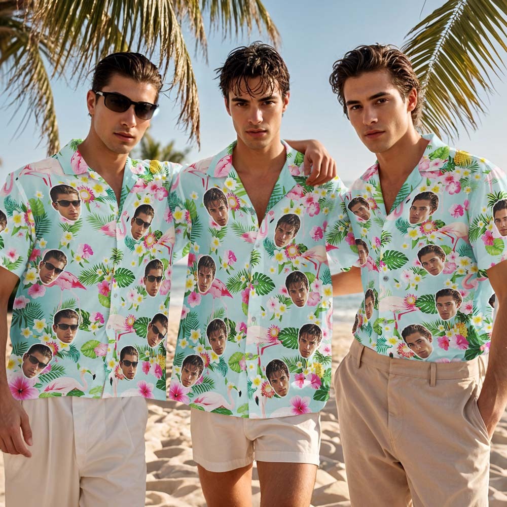 Benutzerdefinierte Hawaiian Shirt Grün Frische Flamingo Blume Shirt Personalisierte Foto Hawaiian Shirt Lustige Urlaub Party Shirts - FotoSocken