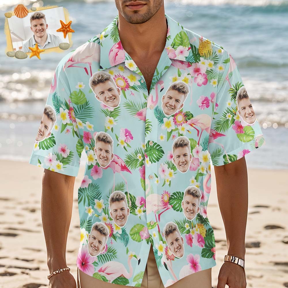 Benutzerdefinierte Hawaiian Shirt Grün Frische Flamingo Blume Shirt Personalisierte Foto Hawaiian Shirt Lustige Urlaub Party Shirts - FotoSocken