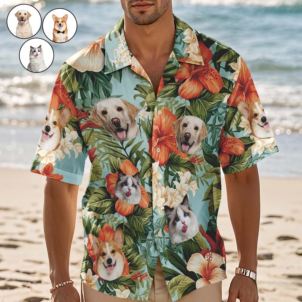 Benutzerdefinierte Hawaiian Shirt Rote Blumen Personalisierte Foto Hawaiian Shirt Lustige Urlaub Party Shirts Für Haustiere Liebhaber - FotoSocken