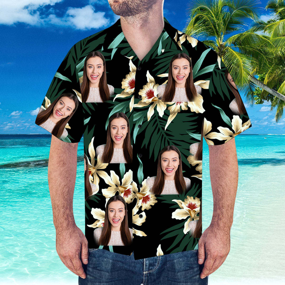 Benutzerdefiniertes Gesicht Hawaiihemd Blätter & Blumen Muster Hawaiihemd Für Sommergeschenk -