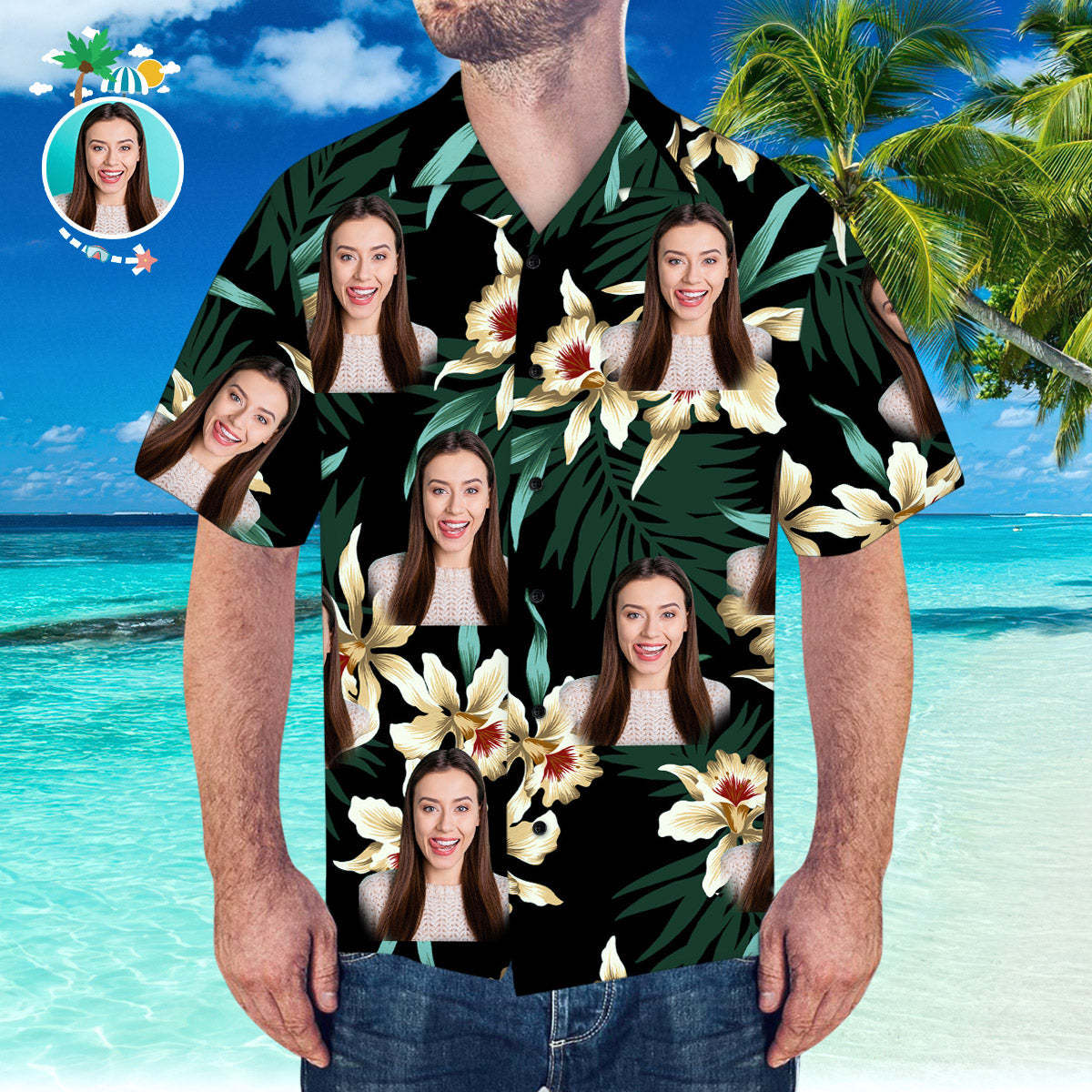 Benutzerdefiniertes Gesicht Hawaiihemd Blätter & Blumen Muster Hawaiihemd Für Sommergeschenk -