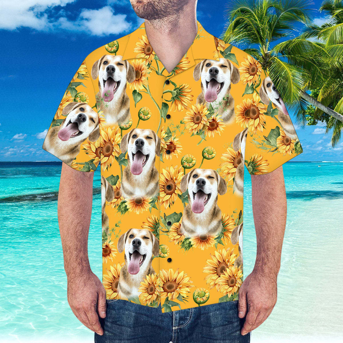 Kundenspezifisches Gesicht Hawaiihemd Sonnenblume Muster Hawaiihemd Für Strandparty -