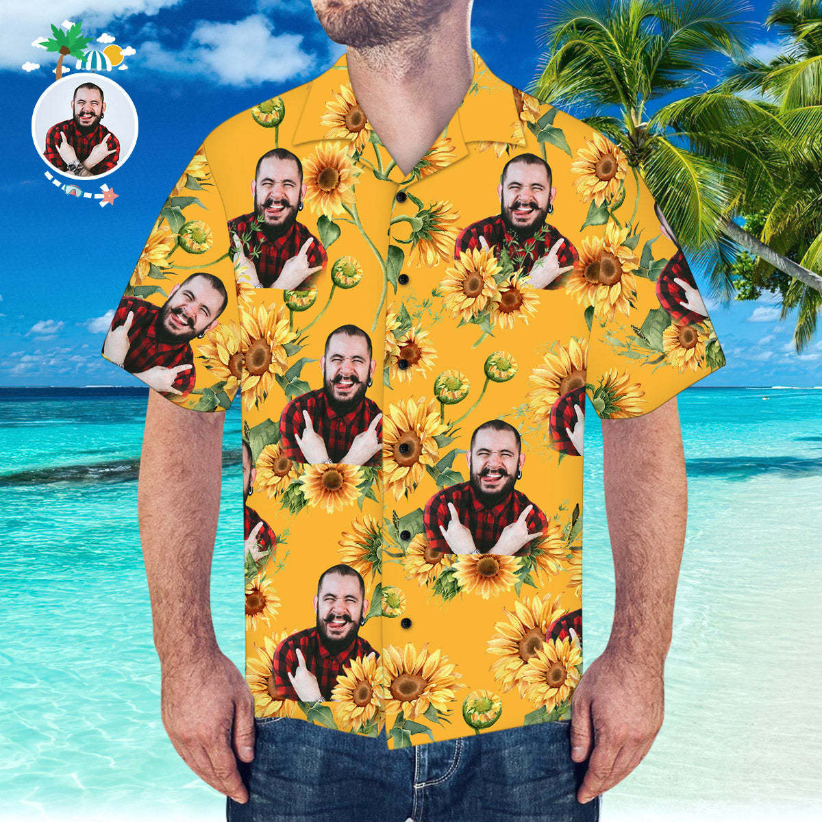Kundenspezifisches Gesicht Hawaiihemd Sonnenblume Muster Hawaiihemd Für Strandparty -