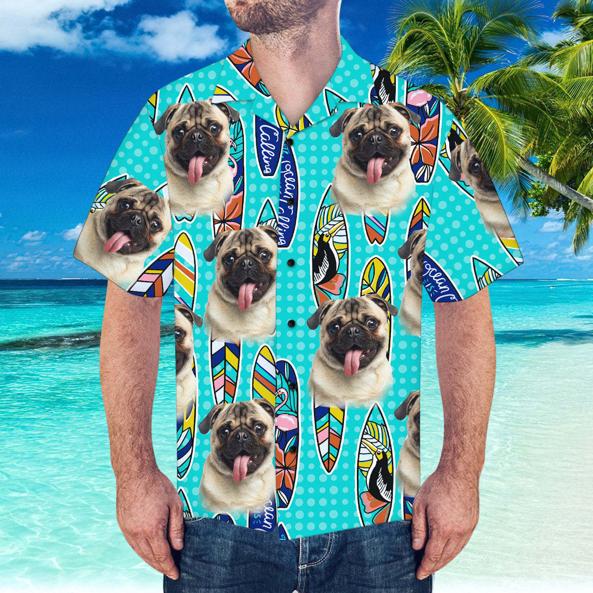 Kundenspezifisches Hawaii-hemd Mit Freund-gesicht Surfen Muster Kurzarm-hawaii-hemd -