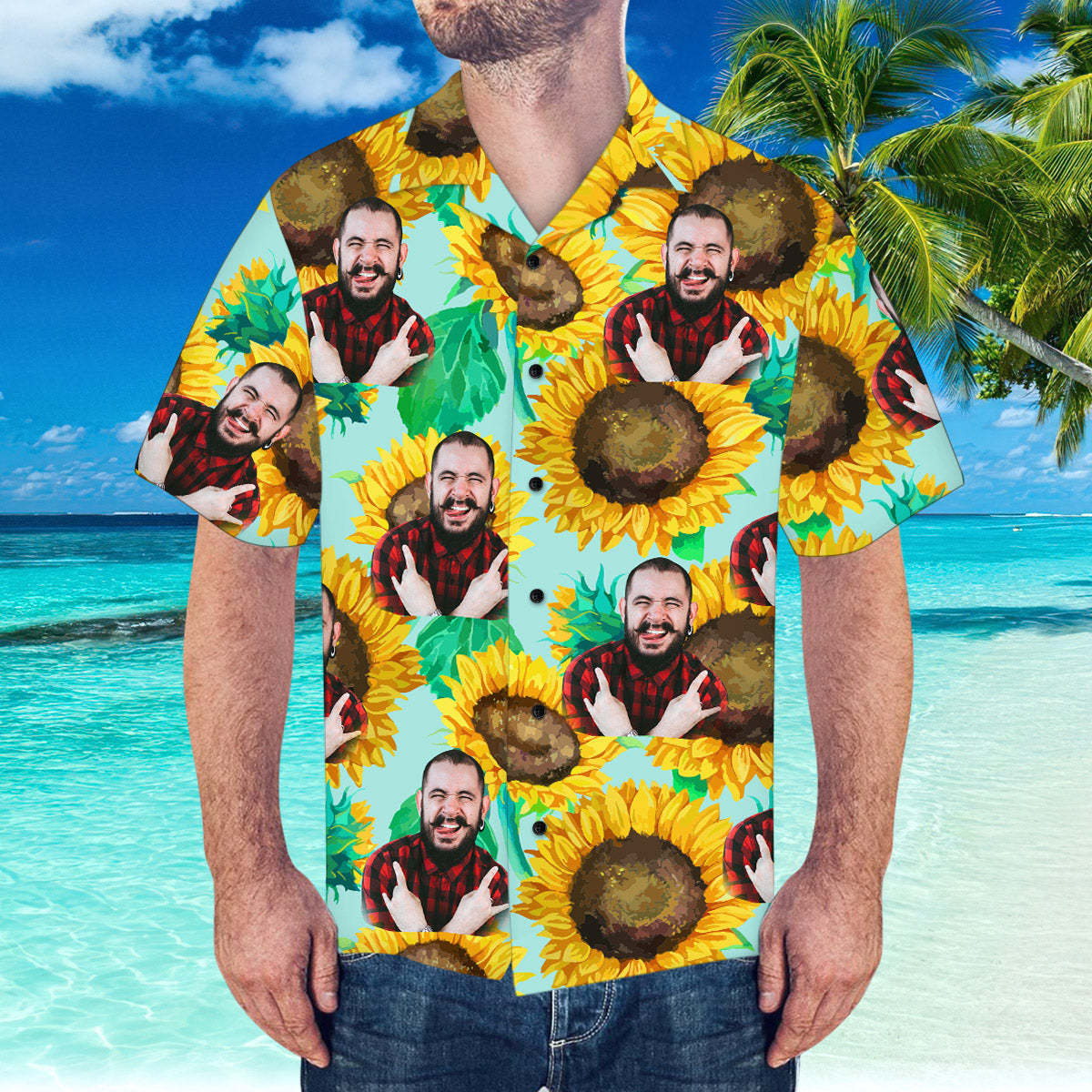Benutzerdefiniertes Gesicht Hawaiihemd Personalisiertes Hawaiihemd Sommer-sonnenblume-shirt -