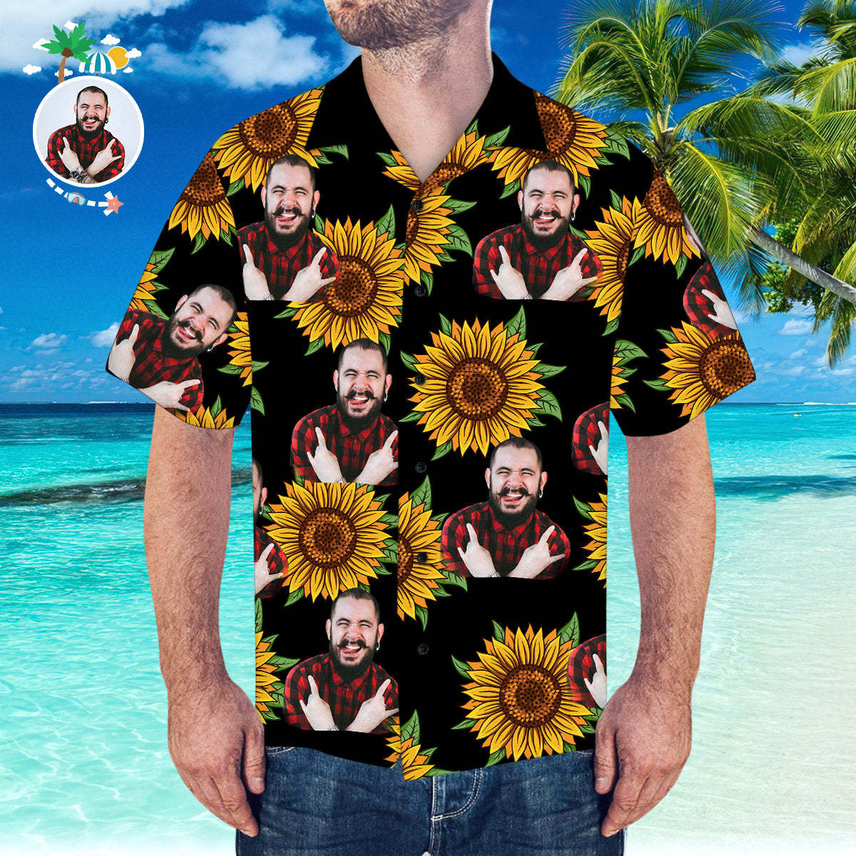 Kundenspezifisches Hawaii-hemd Mit Ehemann-gesichts-sonnenblume Und Blätter-hemd Für Strand-party -