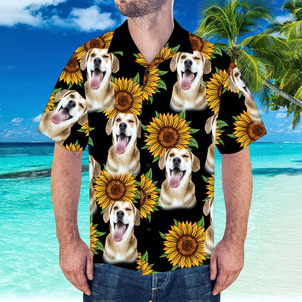 Kundenspezifisches Hawaii-hemd Mit Ehemann-gesichts-sonnenblume Und Blätter-hemd Für Strand-party -
