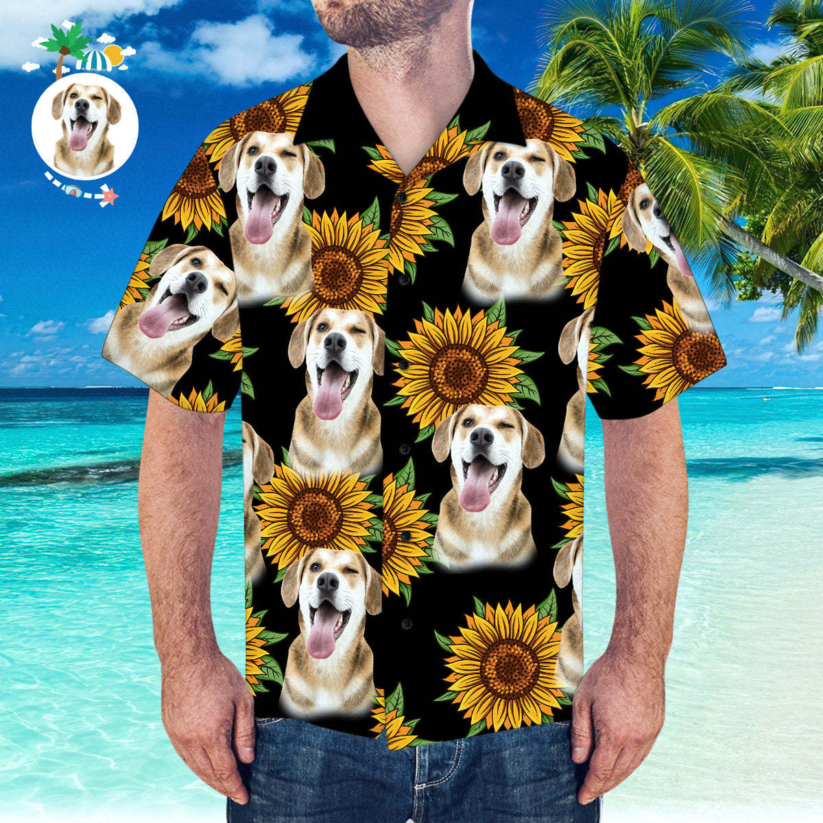 Kundenspezifisches Hawaii-hemd Mit Ehemann-gesichts-sonnenblume Und Blätter-hemd Für Strand-party -