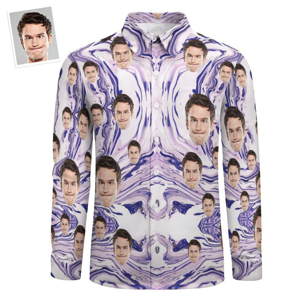 Benutzerdefiniertes Gesicht Lila Marmorierung All Over Print Large Long Sleeve Shirt - 