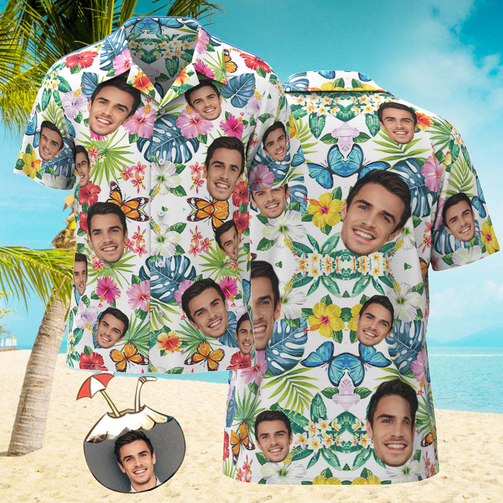 Benutzerdefiniertes Gesicht Hawaiihemd Herren All Over Print Aloha Shirt Geschenk – Romantische Blumen Hawaii -
