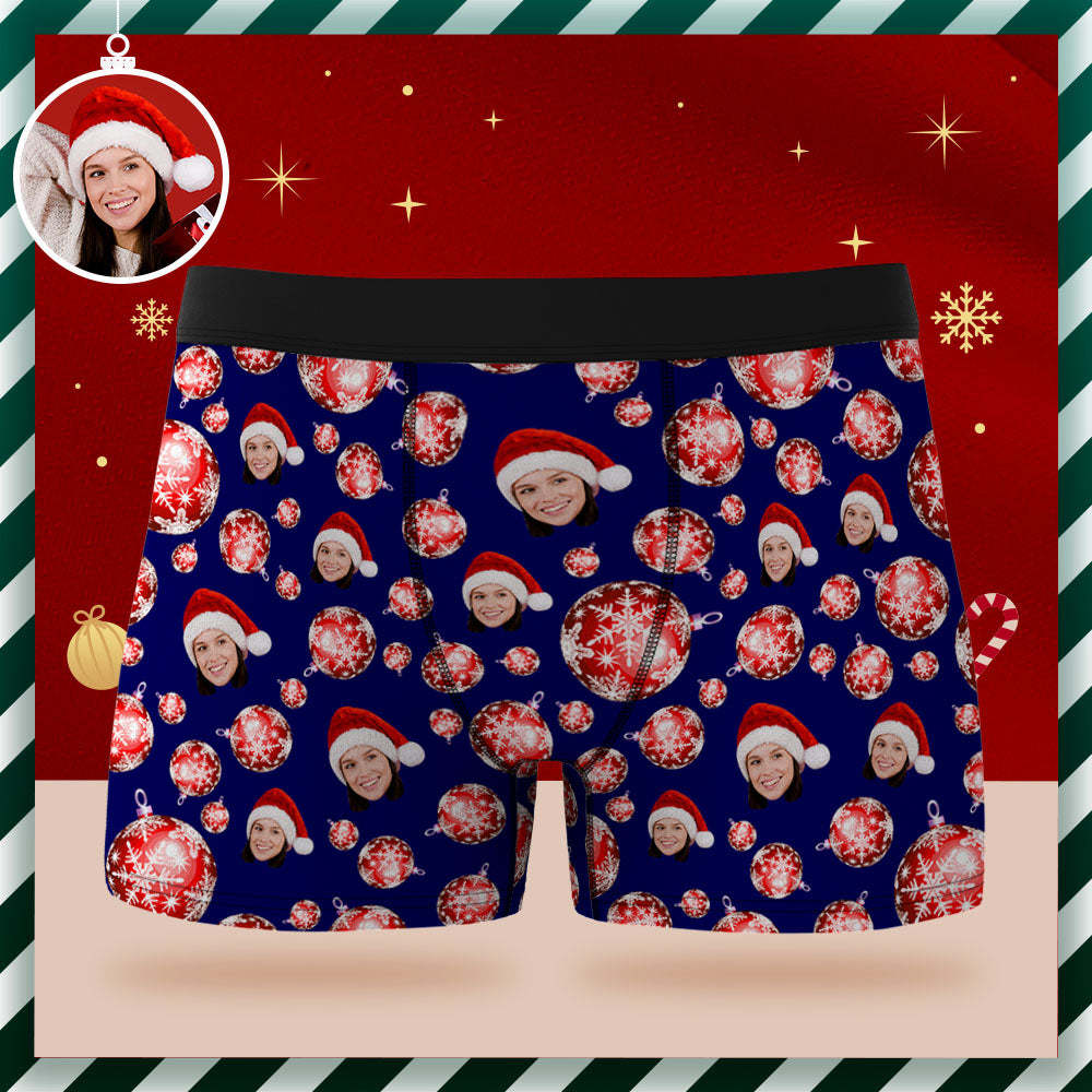 Boxershorts Mit Individuellem Gesicht, Personalisierte Blaue Unterwäsche, Weihnachtskugeln, Frohe Weihnachtsgeschenke Für Ihn -