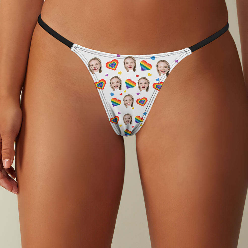 Custom Face Sexy Women's Tanga Thong Rainbow Hearts -