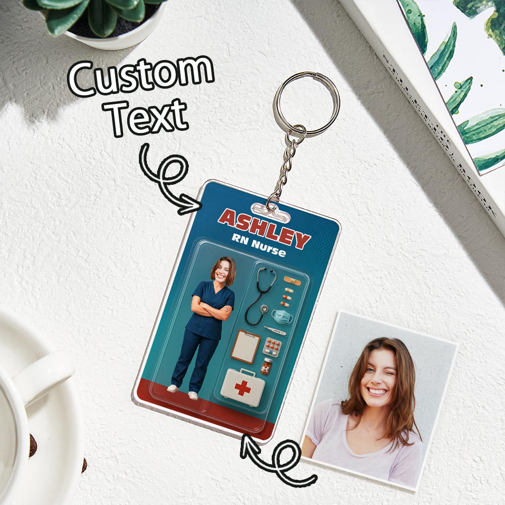 Benutzerdefinierte 3d-effekt-actionfigur, Anpassbare Kopfverpackung, Spielzeugbox-stil, Kunstgeschenk, Personalisierter 2d-druck, Acryl-schlüsselanhänger, Geschenk Zum Krankenschwestertag - FotoSocken
