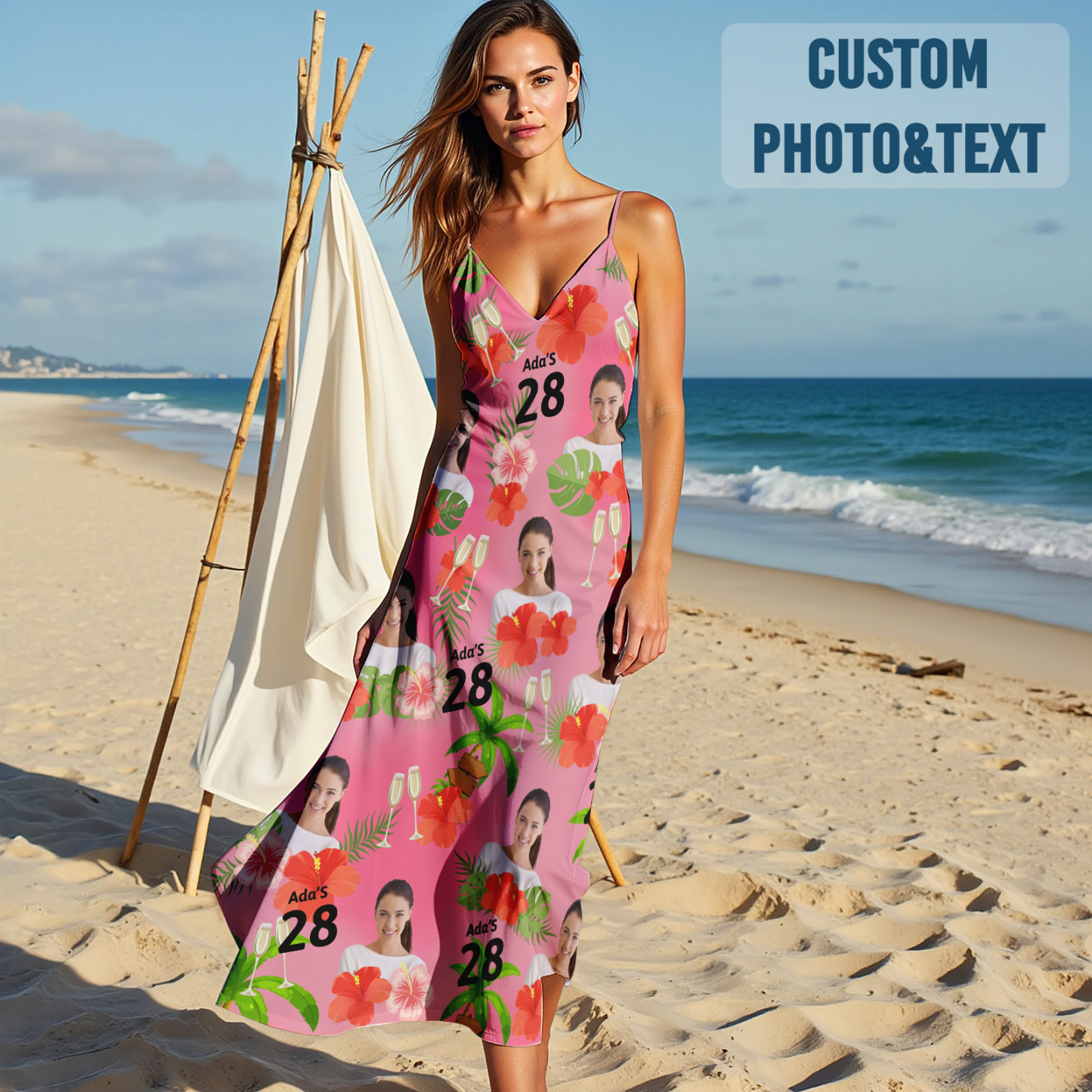 Benutzerdefinierte Gesicht Schlinge Hawaii-stil Langes Kleid Bunte Geburtstag Schwarzes Kleid Alles Gute Zum Geburtstag Geschenk - FotoSocken