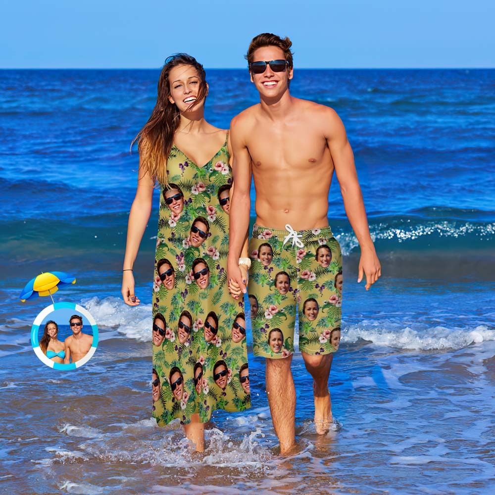 Custom Face Couple Matching Outfits Flowers Green Beach Wear Set - 