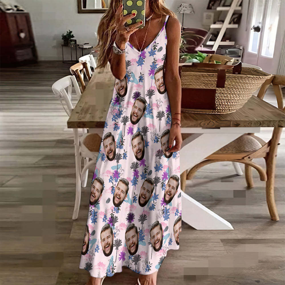 Custom Face Hawaiian Style All Over Print Wolken Und Bäume Langes Kleid Und Hemd Paar Outfit -