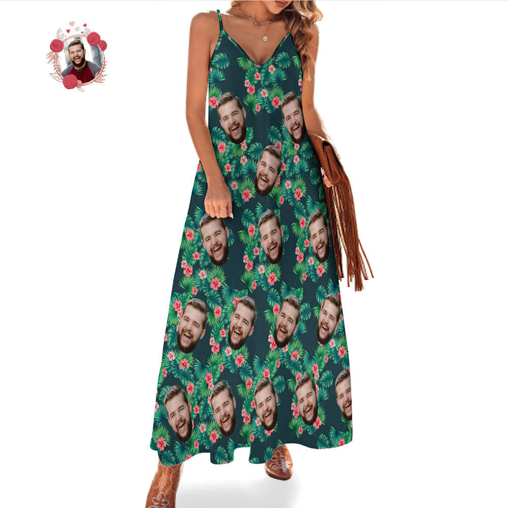 Custom Face Hawaiian Style Red Flowers Langes Kleid Und Shirt Family Matching -