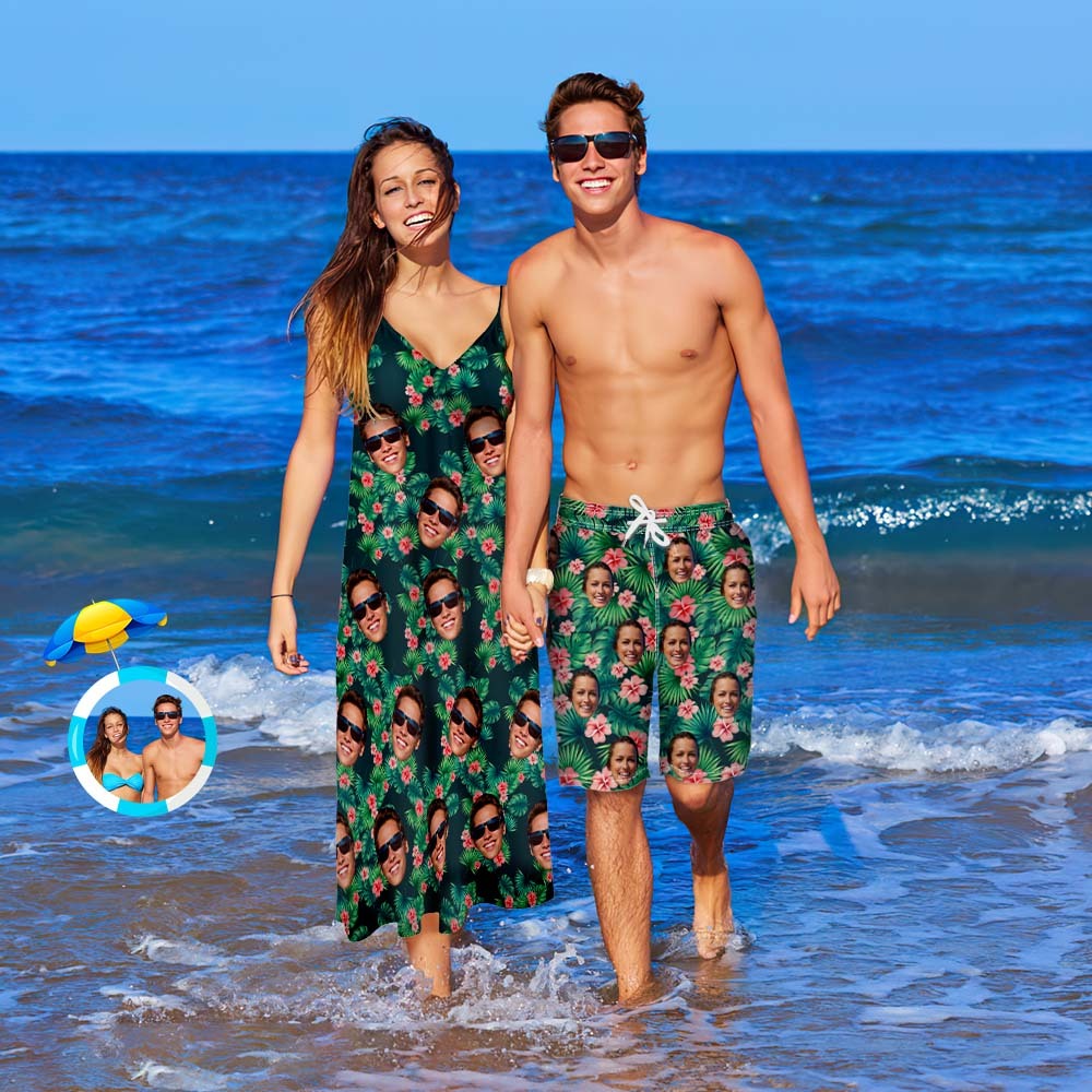 Custom Face Couple Matching Outfits Red Flowers Beach Wear Set - 