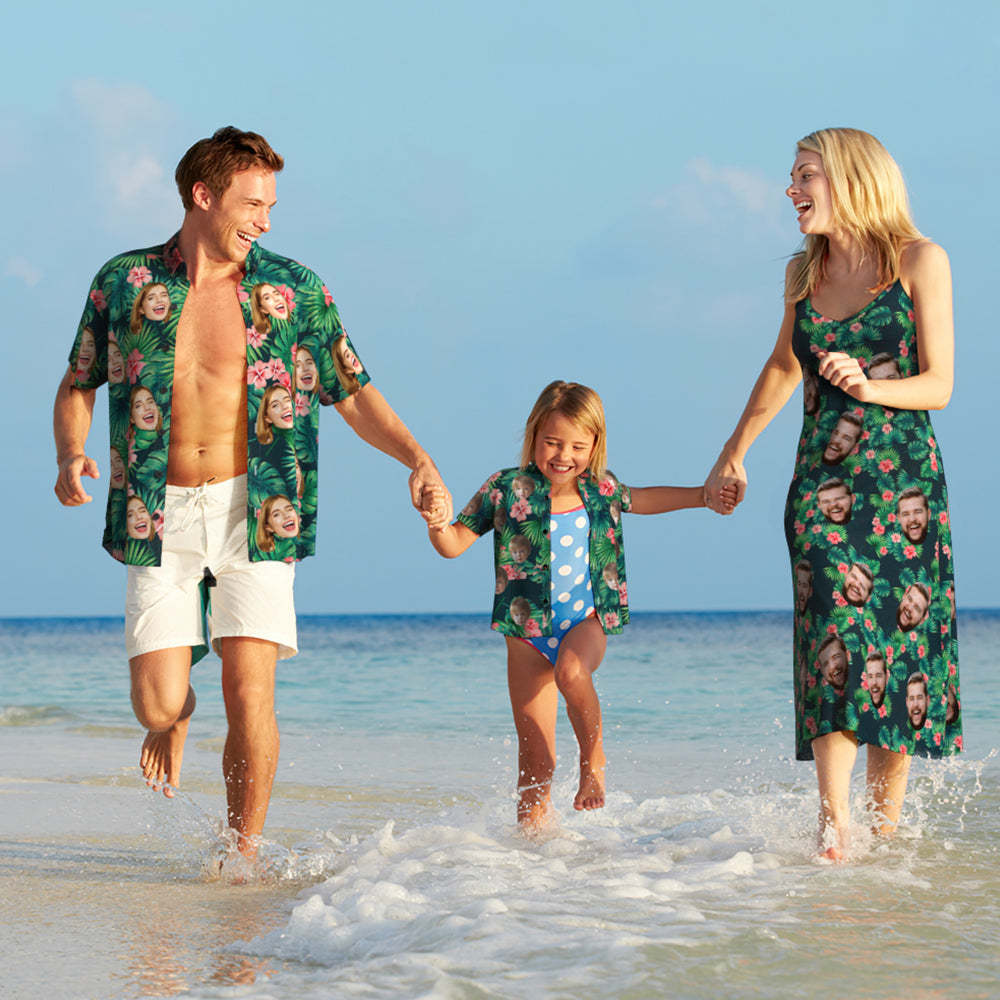 Custom Face Hawaiian Style Red Flowers Langes Kleid Und Shirt Family Matching -