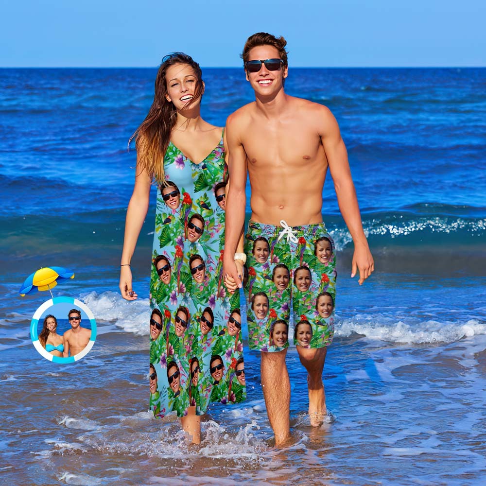 Custom Face Couple Matching Outfits Parrot Beach Wear Set - 