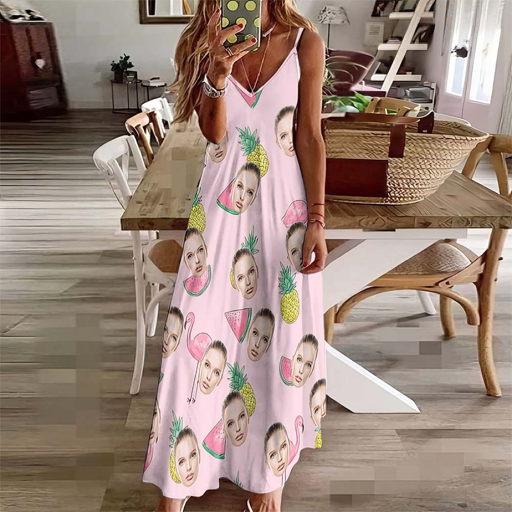 Custom Face Langes Kleid Im Hawaiianischen Stil, Flamingo-rosa-trägerkleid - 
