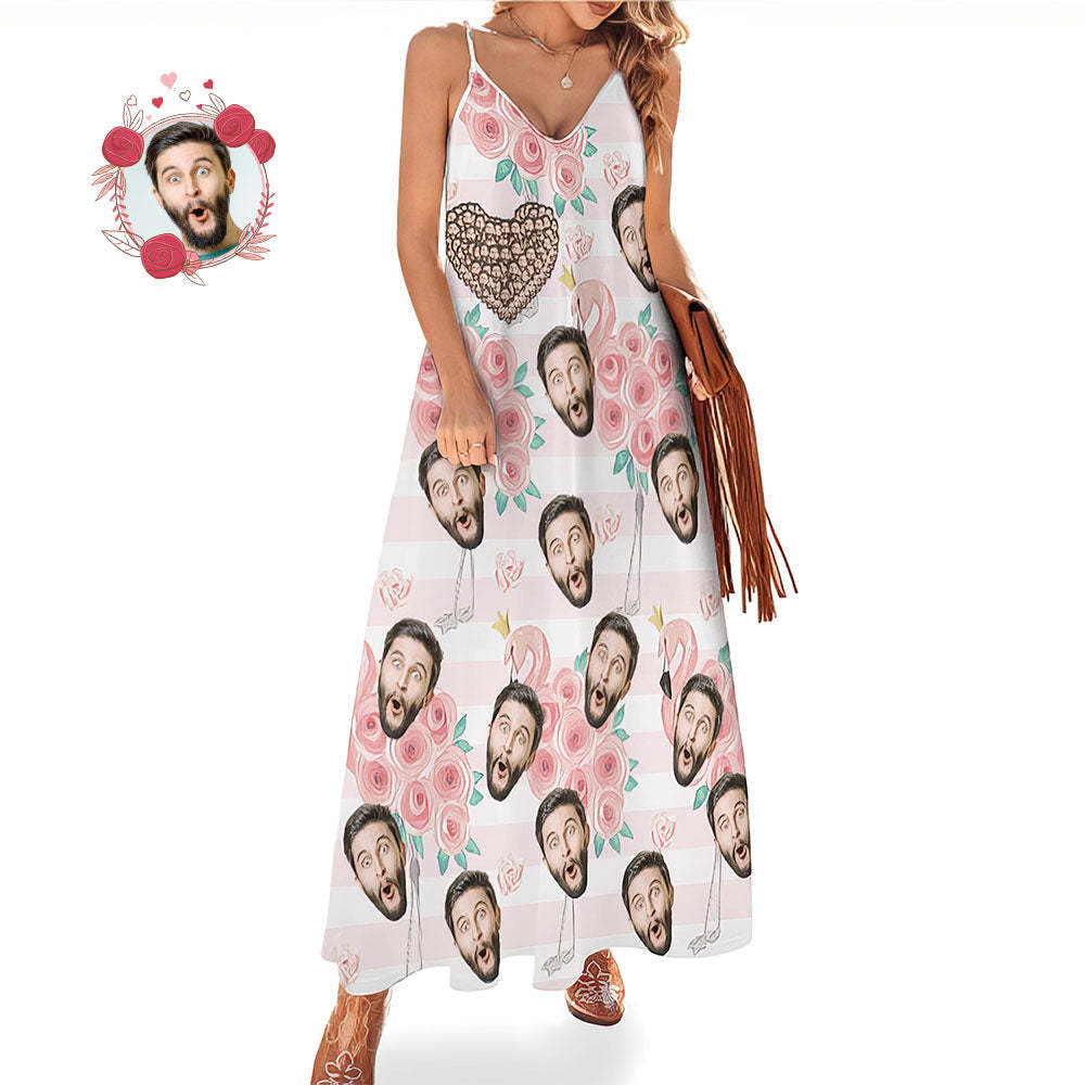 Benutzerdefiniertes Gesicht Herz Hawaii-stil Langes Kleid Rose Flamingo Sling-kleid - 