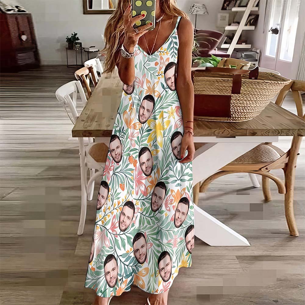 Benutzerdefiniertes Gesicht Herz Hawaii-stil Langes Kleid Blätter Sling-kleid - 