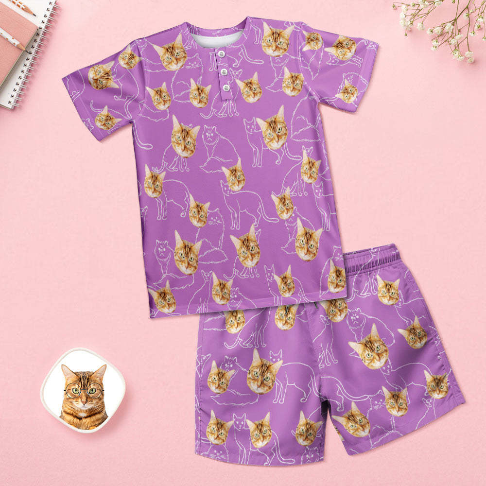 Benutzerdefinierter Gesichts-pyjama Mit Katzengesicht, Kurzes Pyjama-set Für Damen, Geschenk Für Haustierliebhaber - 