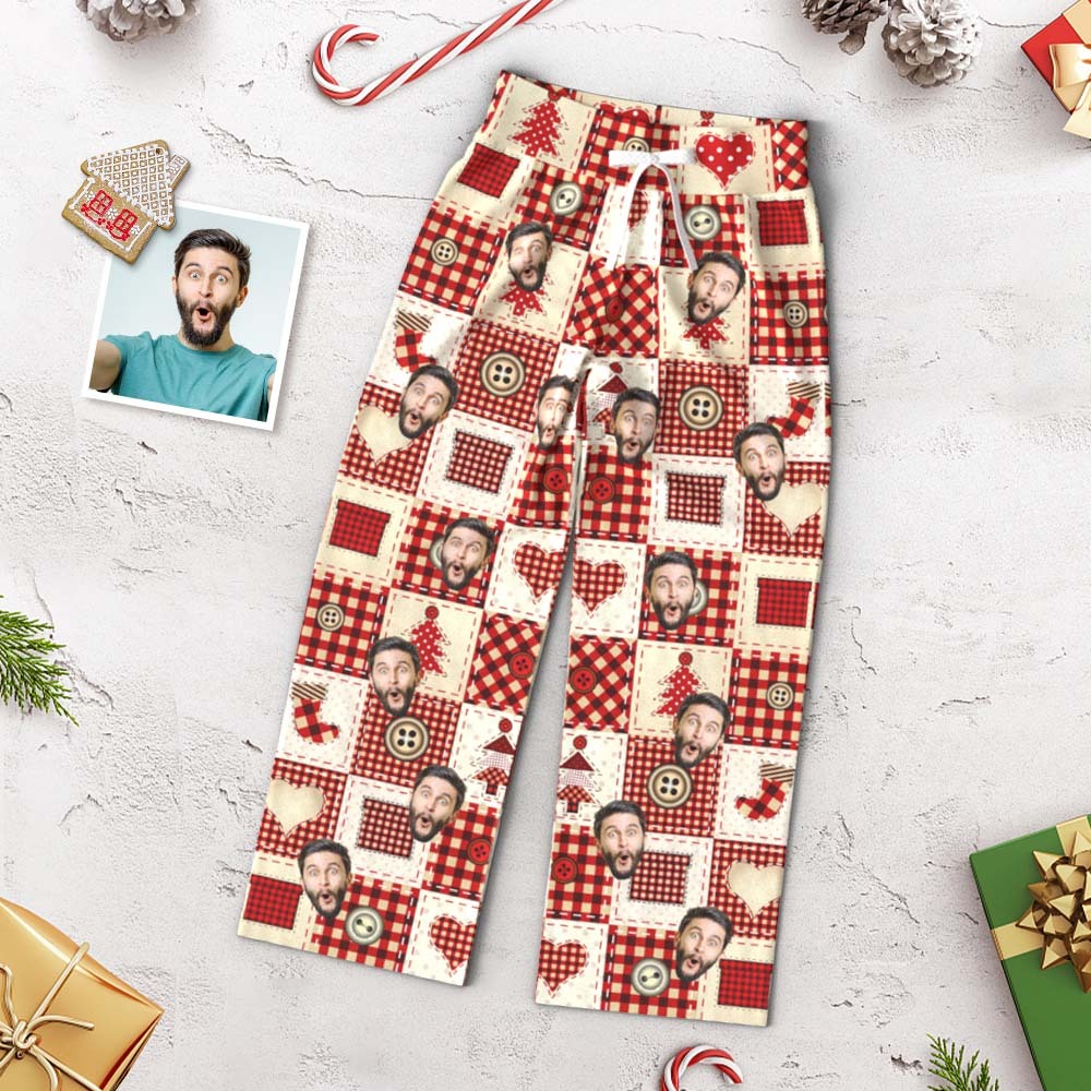 Benutzerdefinierte Gesichtshose Für Damen, Lockere Pyjamahose Mit Weitem Bein, Weihnachts-pyjama Mit Rotem Karomuster. Frohe Weihnachten - 