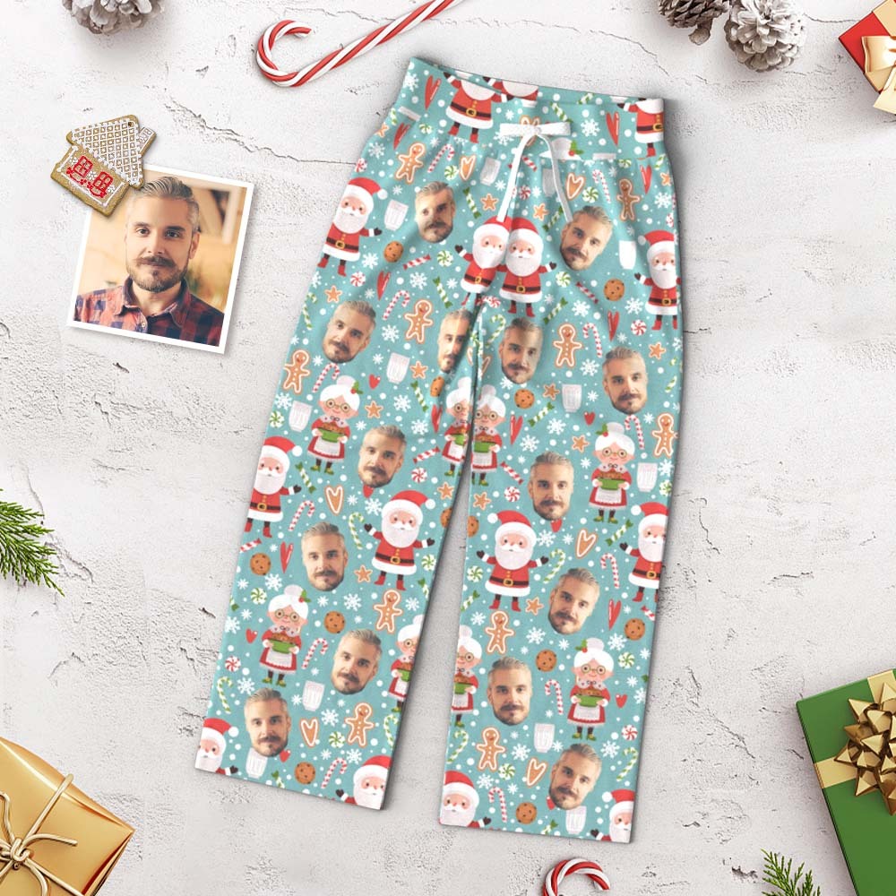 Benutzerdefinierte Gesichtshose, Lockere Damen-pyjamahose Mit Weitem Bein, Weihnachtsmann Und Frau Claus, Frohe Weihnachten - 