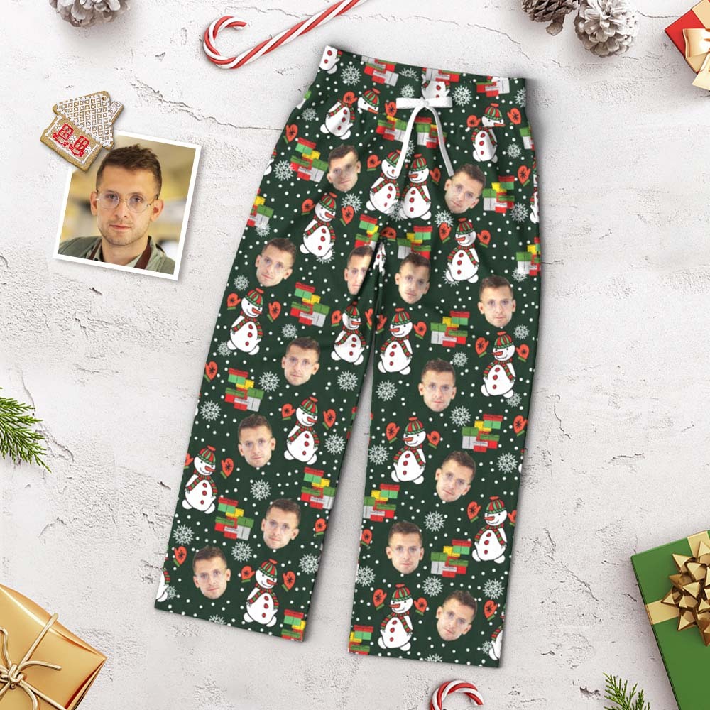 Benutzerdefinierte Gesichtshose Für Damen In Grün, Lockere Pyjamahose Mit Weitem Bein, Schneemann, Frohe Weihnachten -
