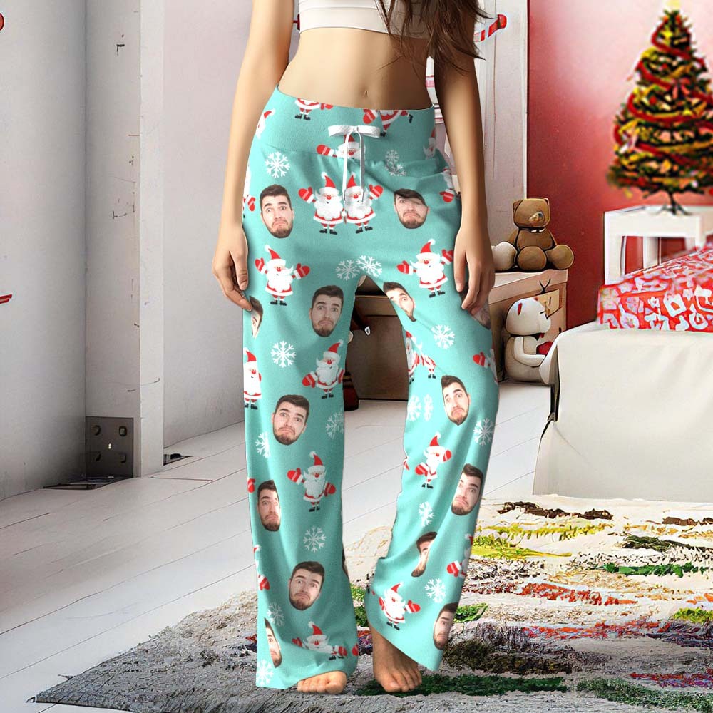 Benutzerdefinierte Gesichtshose Für Damen, Lockere Pyjamahose Mit Weitem Bein, Weihnachtsmann, Frohe Weihnachten -