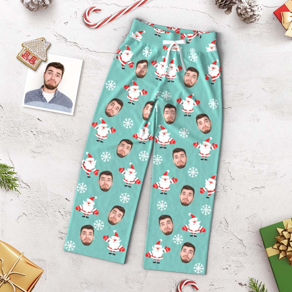 Benutzerdefinierte Gesichtshose Für Damen, Lockere Pyjamahose Mit Weitem Bein, Weihnachtsmann, Frohe Weihnachten -