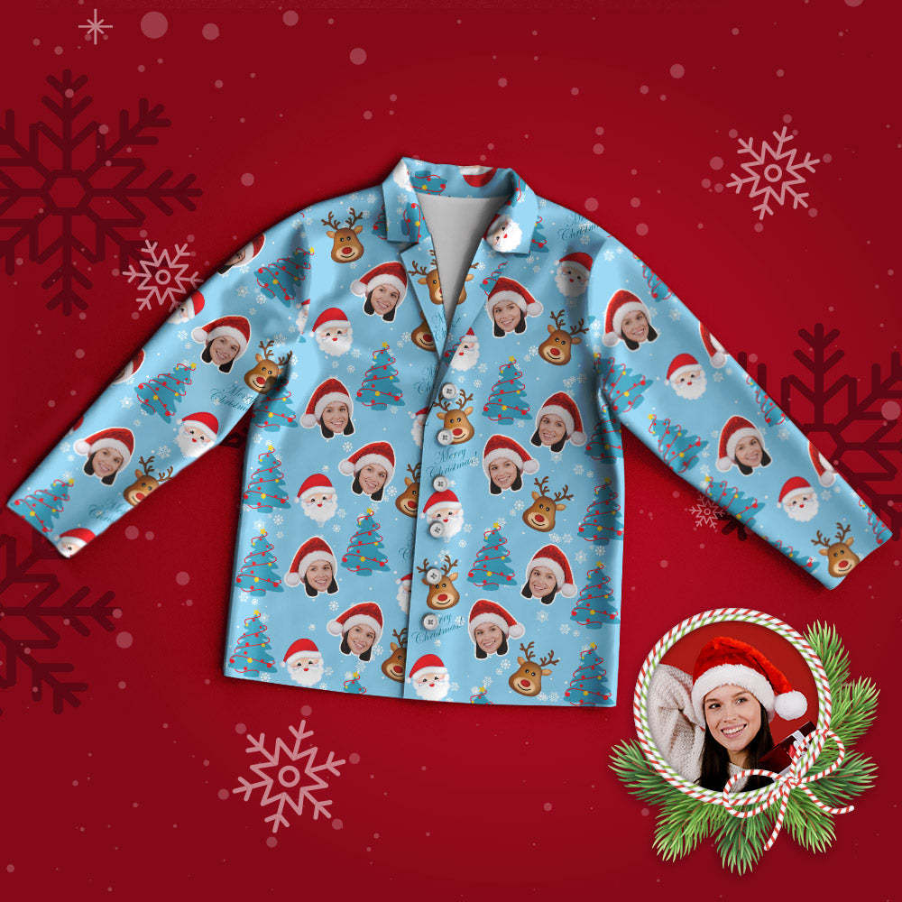 Benutzerdefinierter Gesichts-pyjama, Personalisierter Blauer Foto-pyjama, Weihnachtsmann Und Elch, Weihnachtsgeschenke -