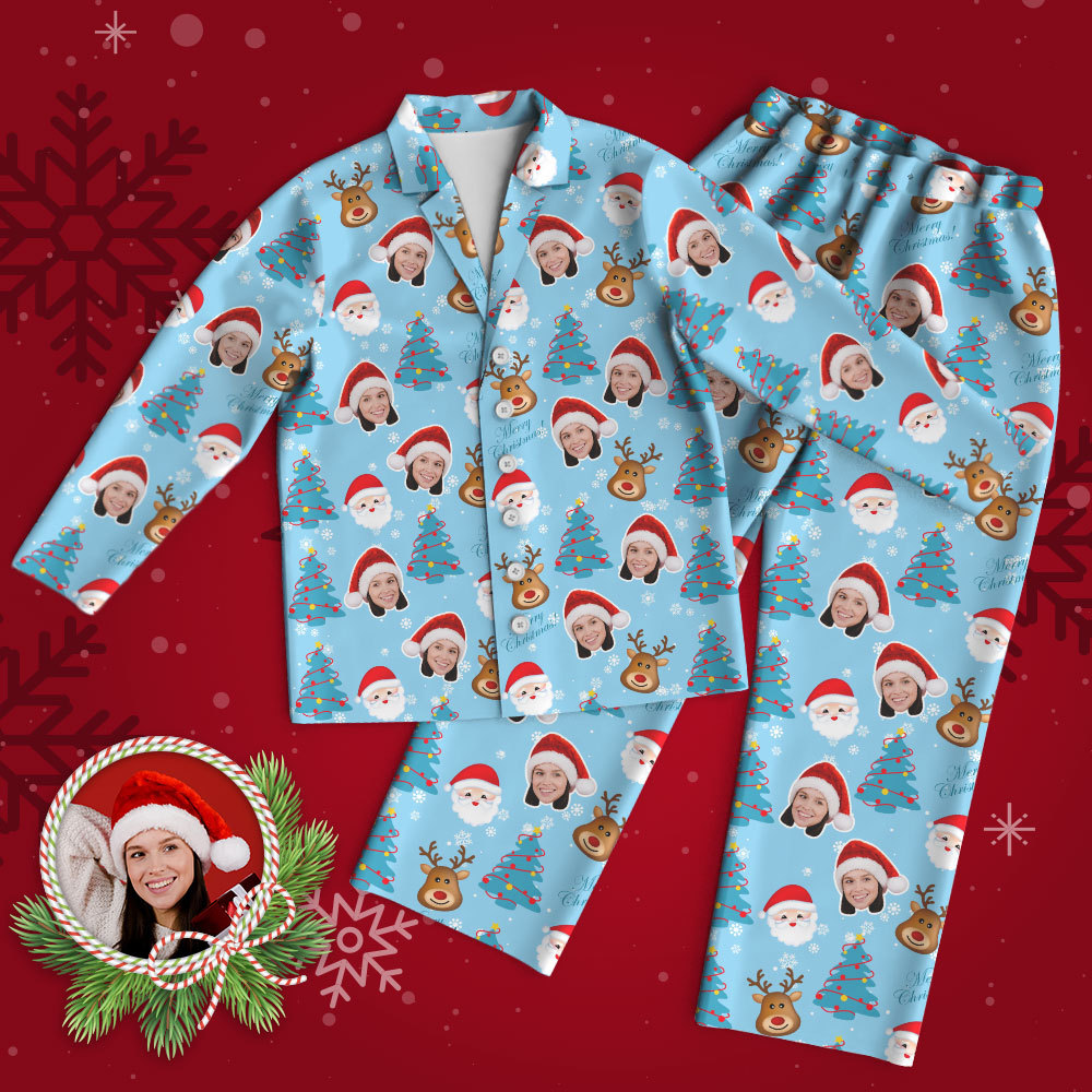 Benutzerdefinierter Gesichts-pyjama, Personalisierter Blauer Foto-pyjama, Weihnachtsmann Und Elch, Weihnachtsgeschenke -
