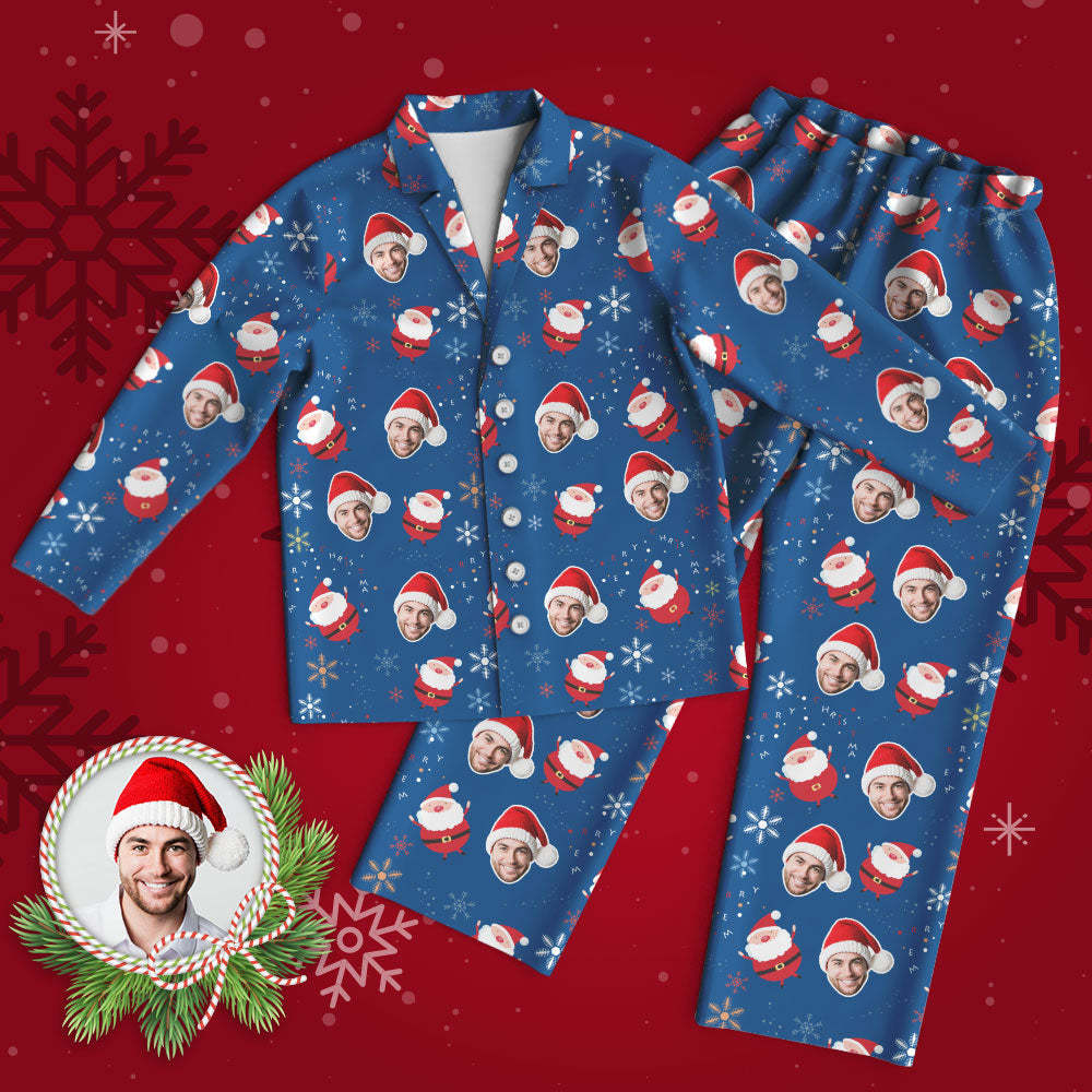 Benutzerdefinierter Gesichts-pyjama, Personalisierter Blauer Foto-pyjama, Niedliche Weihnachtsmann-weihnachtsgeschenke Für Die Familie - 