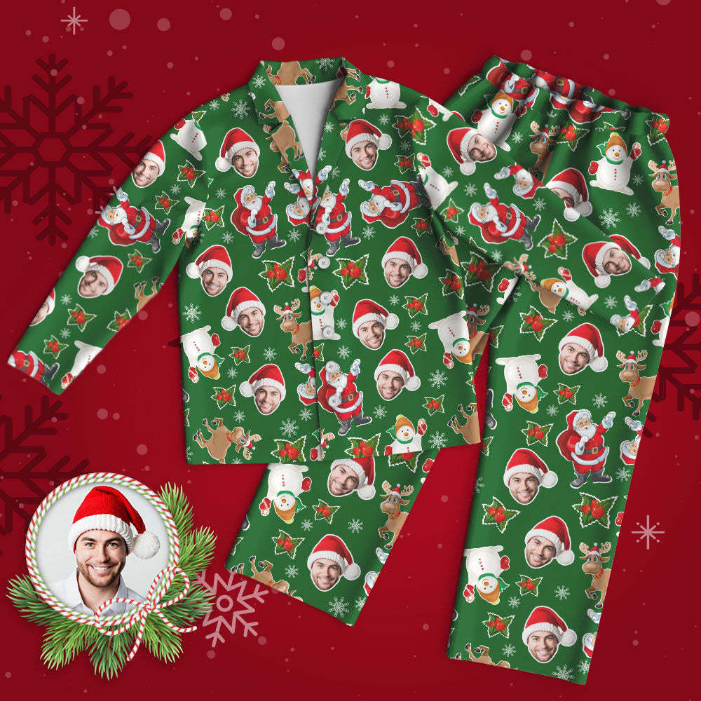 Benutzerdefinierter Gesichts-pyjama, Personalisierter Grüner Foto-pyjama, Weihnachtsgeschenke Für Die Familie - 