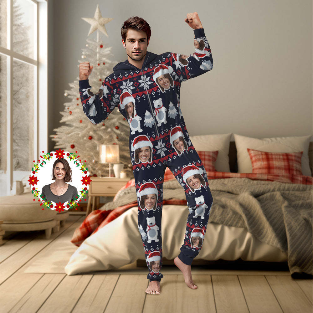 Benutzerdefiniertes Gesicht Weihnachtsbär Onesies Pyjama Einteiler Nachtwäsche Weihnachtsgeschenk - 
