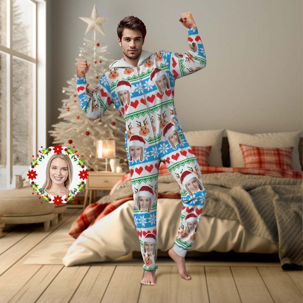 Onesies Mit Individuellem Gesicht-weihnachtsdruck, Pyjama, Einteiler, Nachtwäsche, Weihnachtsgeschenk - 