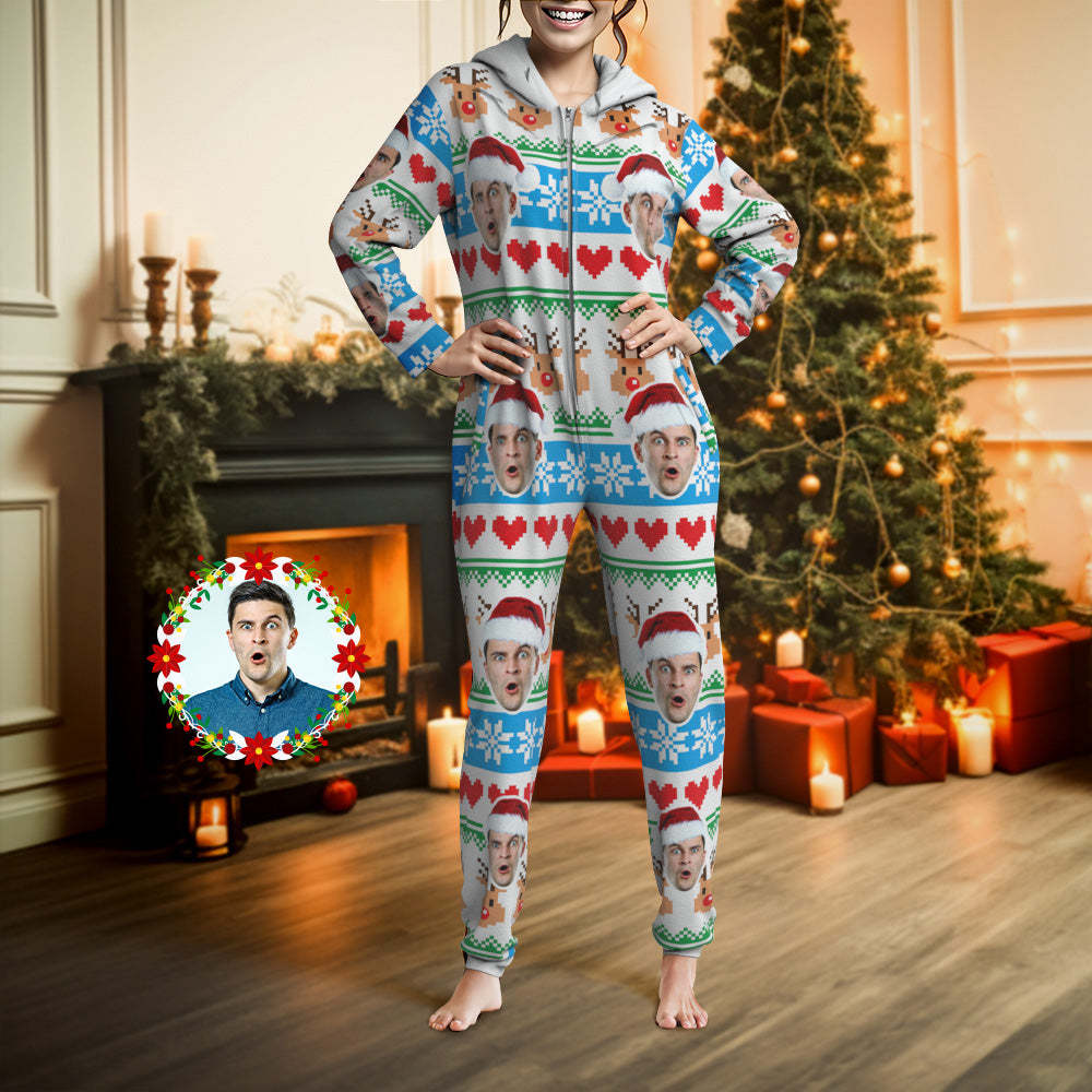 Onesies Mit Individuellem Gesicht-weihnachtsdruck, Pyjama, Einteiler, Nachtwäsche, Weihnachtsgeschenk - 