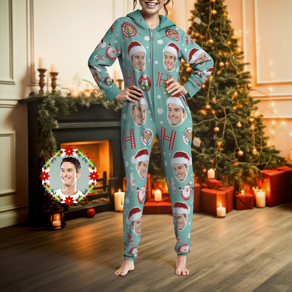 Benutzerdefinierte Gesichts-onesies-pyjamas Ho Ho Weihnachts-einteiler-nachtwäsche Weihnachtsgeschenk - 