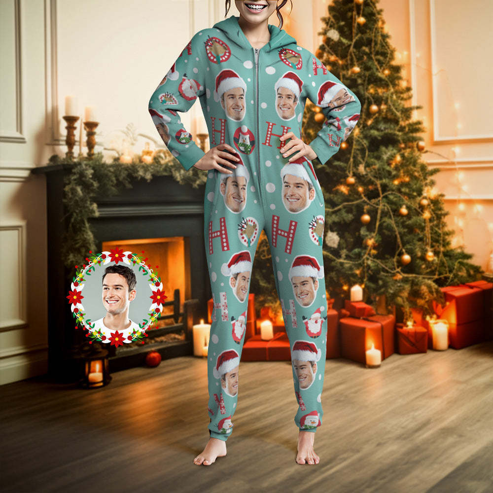 Benutzerdefinierte Gesichts-onesies-pyjamas Ho Ho Weihnachts-einteiler-nachtwäsche Weihnachtsgeschenk -