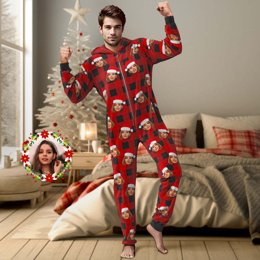 Benutzerdefinierte Gesicht Onesies Pyjamas Einteiler Nachtwäsche Rot Und Schwarz Karierten Overall Homewear Weihnachtsgeschenk - 