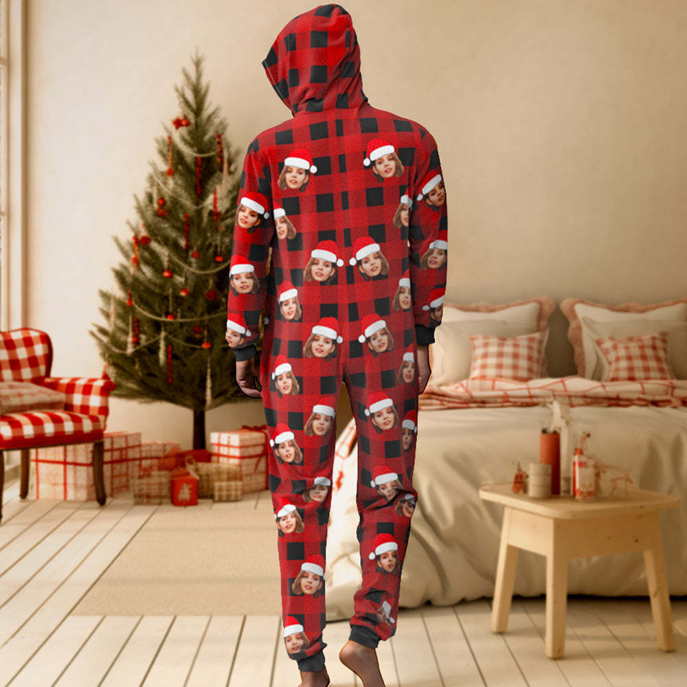 Benutzerdefinierte Gesicht Onesies Pyjamas Einteiler Nachtwäsche Rot Und Schwarz Karierten Overall Homewear Weihnachtsgeschenk - 