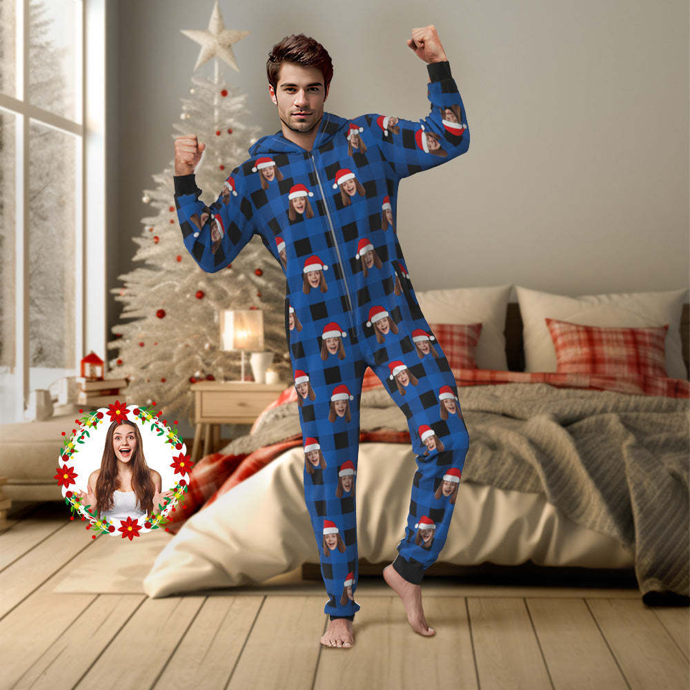 Benutzerdefinierte Gesicht Onesies Pyjamas Einteiler Nachtwäsche Rot Und Schwarz Karierten Overall Homewear Weihnachtsgeschenk - 