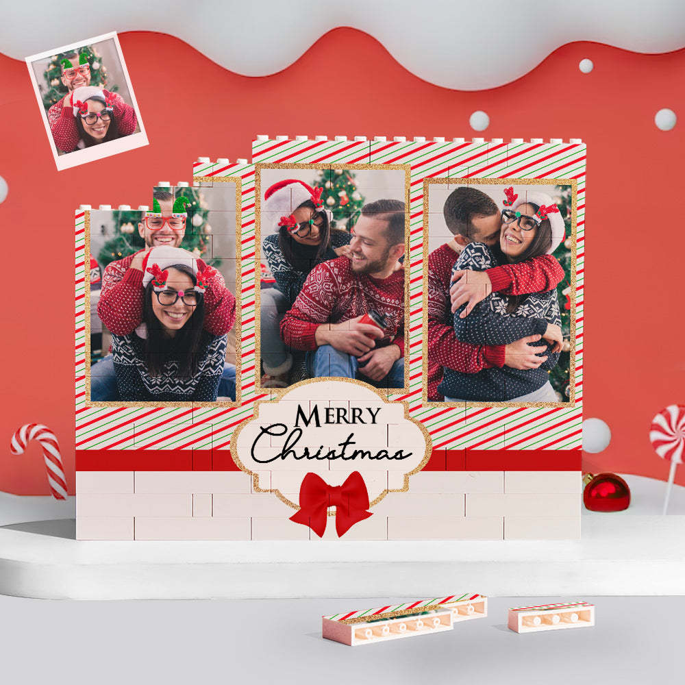 Benutzerdefiniertes Baustein-puzzle, Personalisierbar, Horizontales Trio-paar-foto, Ziegelstein, Frohe Weihnachten -