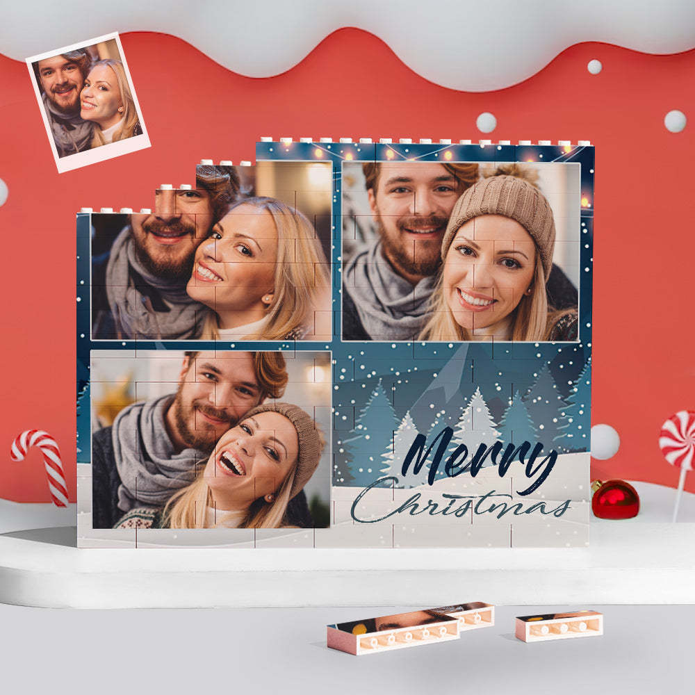 Benutzerdefiniertes Bausteinpuzzle, Personalisiertes Blaues Horizontales Trio-paar-fotostein-weihnachtsgeschenk -