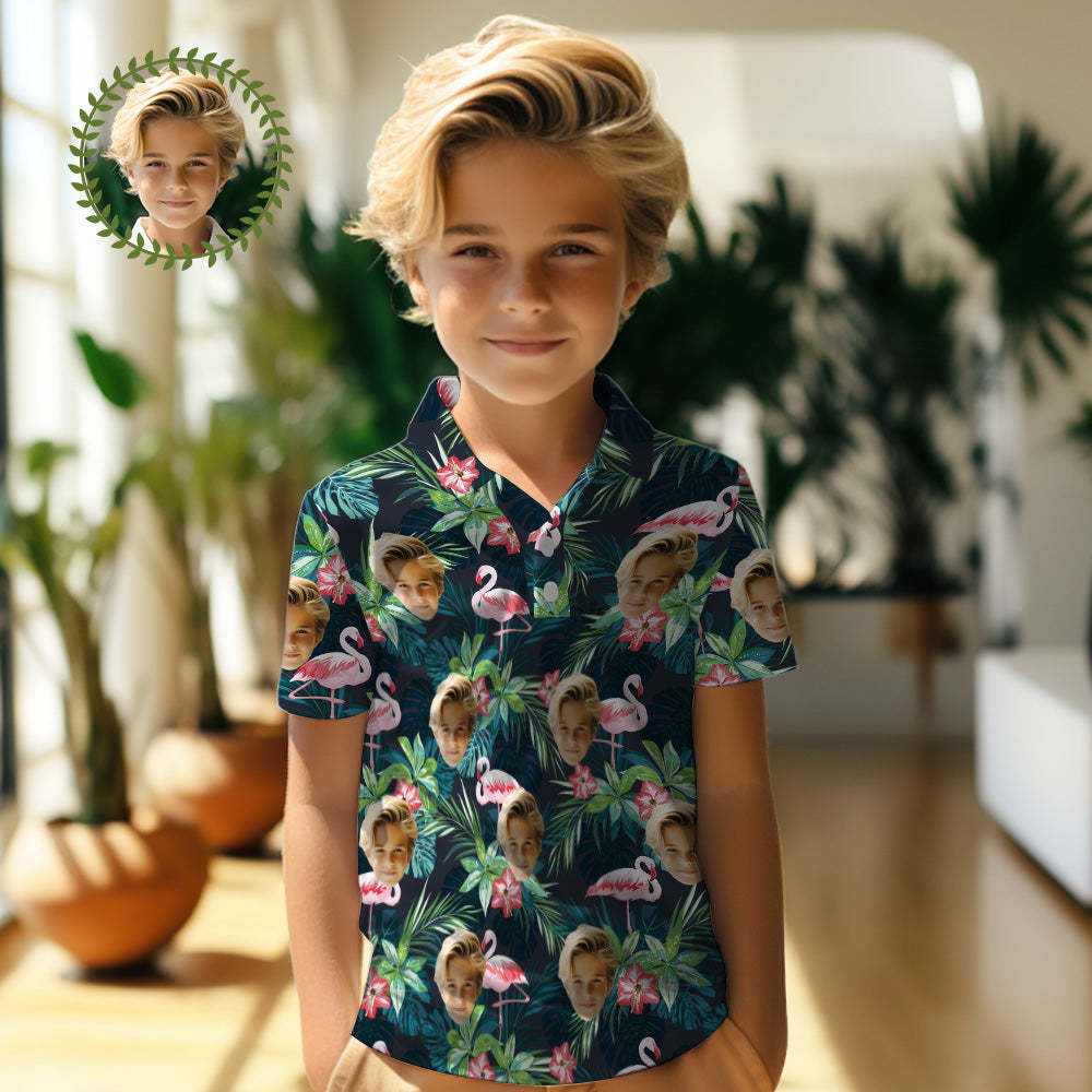 Benutzerdefiniertes Gesicht Kinder-poloshirts, Personalisiertes Foto-shirt Im Hawaiianischen Stil, Flamingo-blume - 