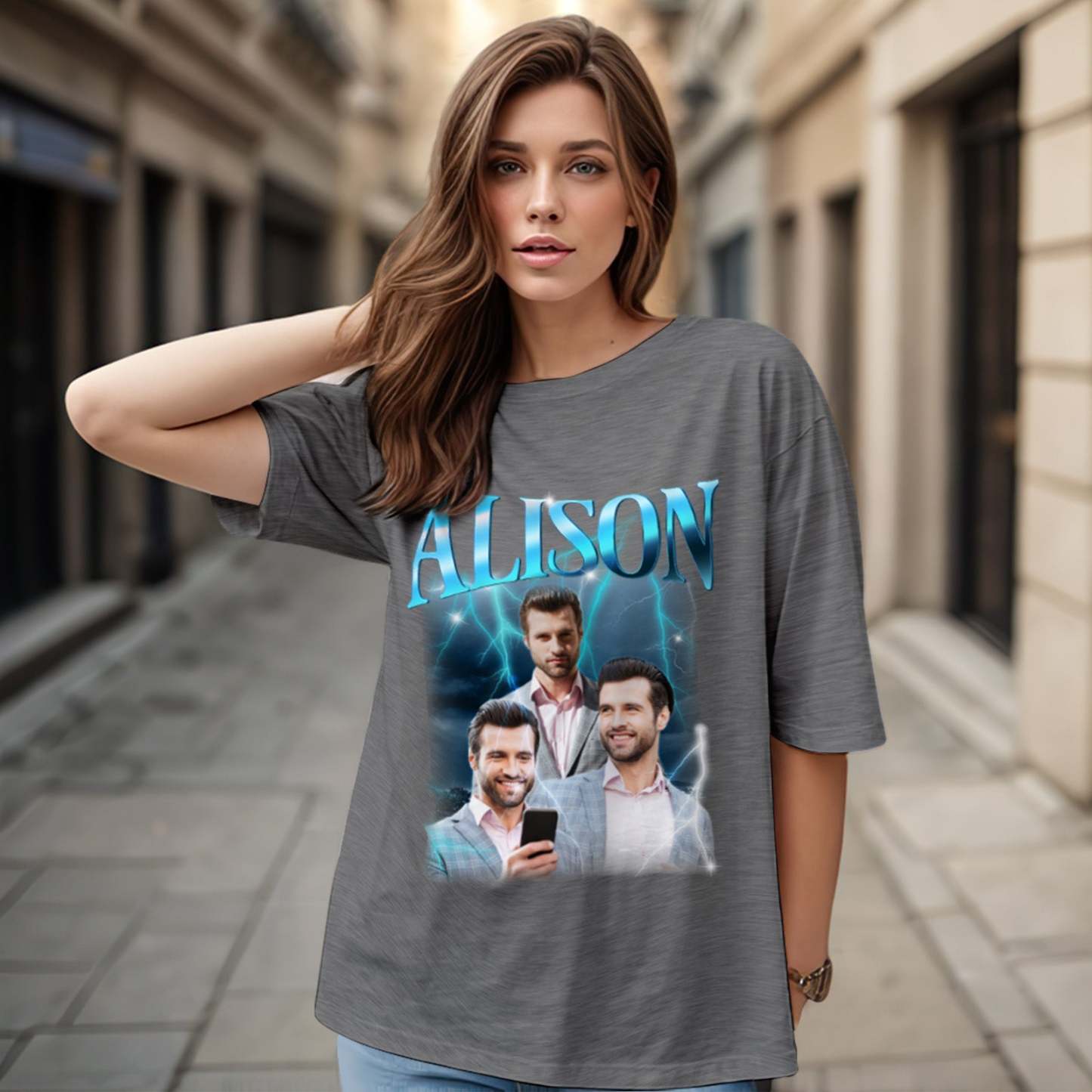Individuelles Blitz-retro-t-shirt Mit Foto Und Namen, Besonderes Geschenk Für Paare - 