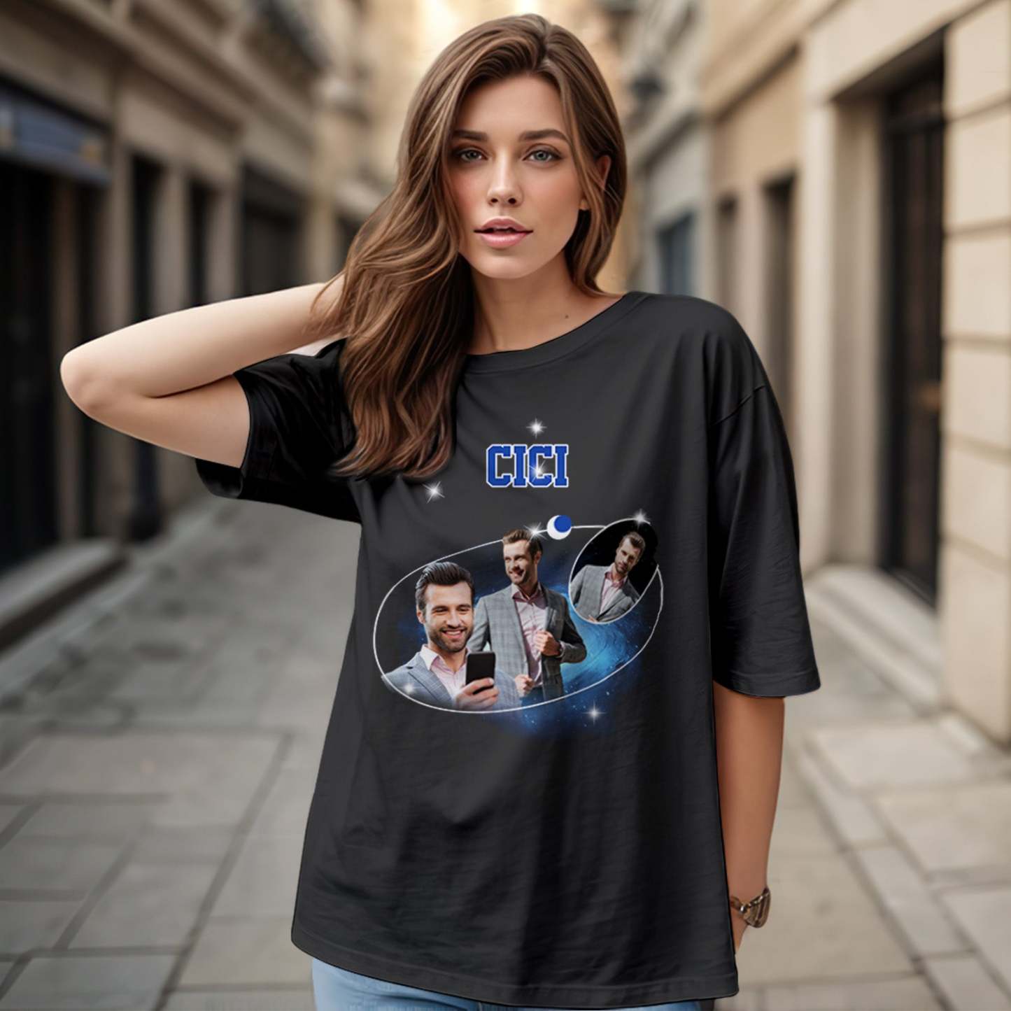 Benutzerdefiniertes Foto Und Name Vintage T-shirt Cosmic Galaxy Und Crescent Moon Vintage T-shirt Geschenk Für Männer -